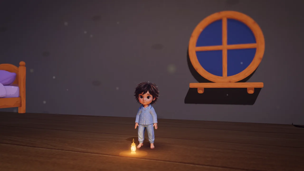 Her 3D room at night: the child in star pyjamas stands by her small glowing lantern under the round window, soft lights drifting past, the end of her bed at the edge.
